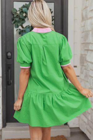 Women’s Green Dress with Pink Details and Puff Sleeves