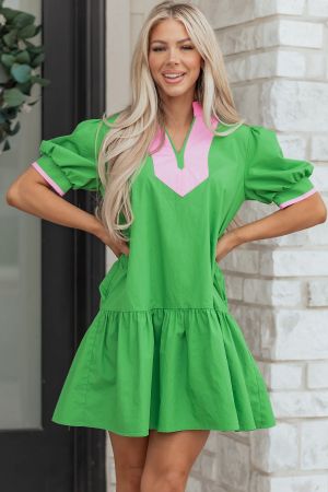 Women’s Green Dress with Pink Details and Puff Sleeves