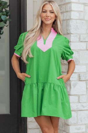 Women’s Green Dress with Pink Details and Puff Sleeves