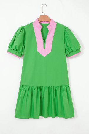 Women’s Green Dress with Pink Details and Puff Sleeves