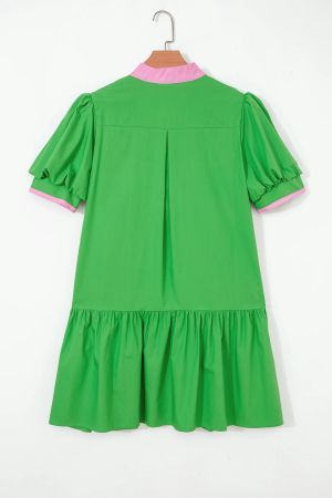 Women’s Green Dress with Pink Details and Puff Sleeves