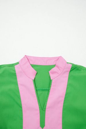 Women’s Green Dress with Pink Details and Puff Sleeves