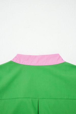 Women’s Green Dress with Pink Details and Puff Sleeves