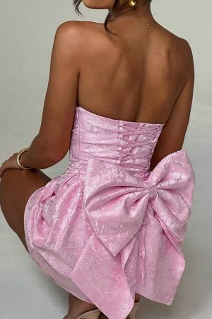 Women's Elegant Pink Strapless Mini Dress with Bow