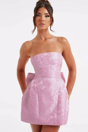 Women's Elegant Pink Strapless Mini Dress with Bow
