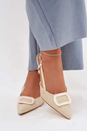 Women's Beige Heeled Shoes with Pointed Toe and Strap