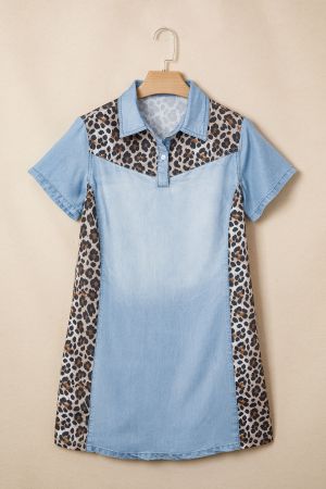 Women's Denim Dress with Leopard Print Panels