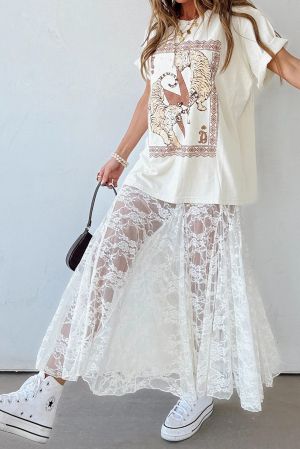 Women's White Long Lace Skirt with Floral Pattern