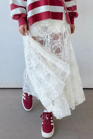 Women's White Long Lace Skirt with Floral Pattern