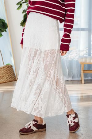 Women's White Long Lace Skirt with Floral Pattern