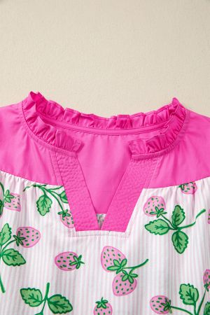 Women's Strawberry Print Blouse with Pink Accents