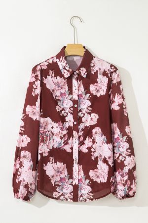 Women's Brown Floral Print Shirt with Pink Flowers