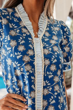 Women's Cotton Floral Print Dress with Striped Details