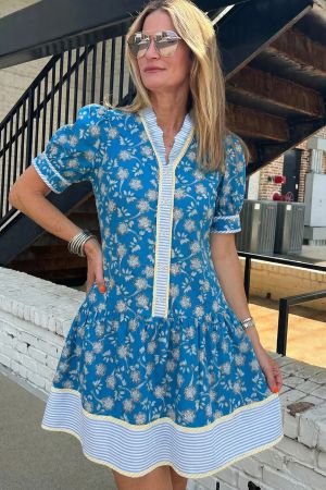 Women's Cotton Floral Print Dress with Striped Details