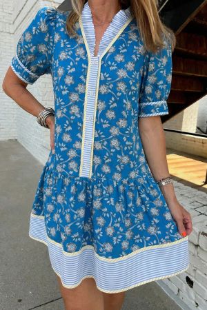 Women's Cotton Floral Print Dress with Striped Details