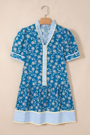 Women's Cotton Floral Print Dress with Striped Details