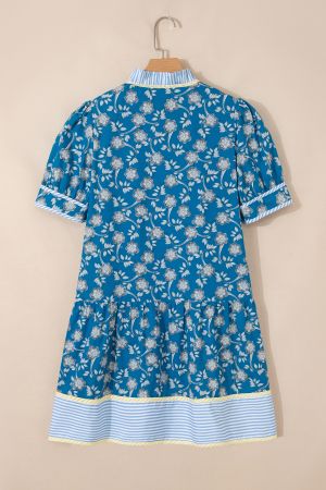 Women's Cotton Floral Print Dress with Striped Details