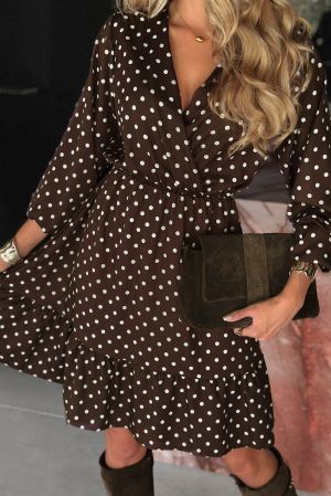 Women's Brown Polka Dot Wrap Dress with Long Sleeves
