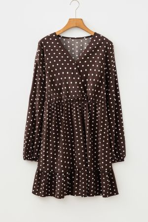 Women's Brown Polka Dot Wrap Dress with Long Sleeves