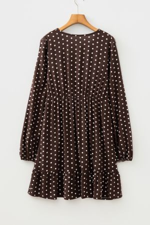 Women's Brown Polka Dot Wrap Dress with Long Sleeves