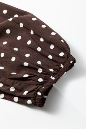 Women's Brown Polka Dot Wrap Dress with Long Sleeves