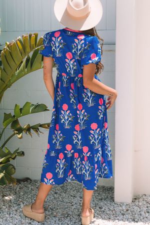 Women’s Blue Floral Print Maxi Dress with V-Neck