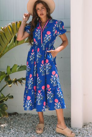 Women’s Blue Floral Print Maxi Dress with V-Neck