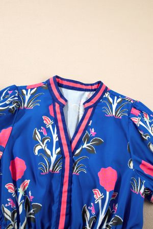 Women’s Blue Floral Print Maxi Dress with V-Neck