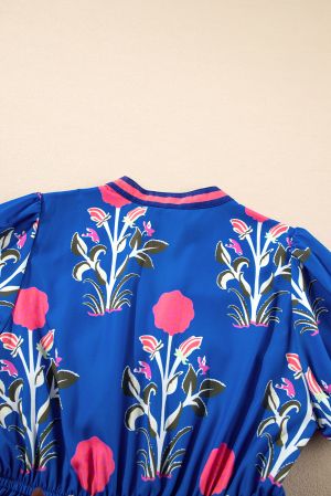 Women’s Blue Floral Print Maxi Dress with V-Neck