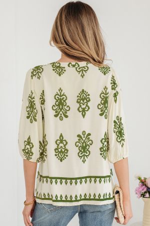 Women’s Light Beige Shirt with Green Print and Tie Detail