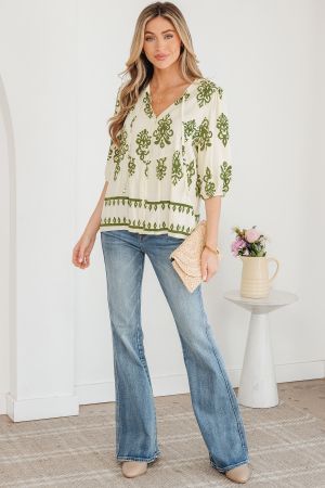 Women’s Light Beige Shirt with Green Print and Tie Detail