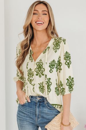 Women’s Light Beige Shirt with Green Print and Tie Detail