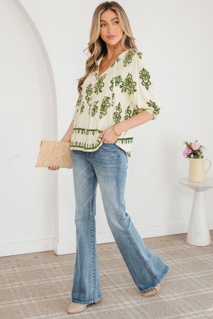 Women’s Light Beige Shirt with Green Print and Tie Detail