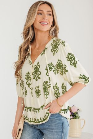 Women’s Light Beige Shirt with Green Print and Tie Detail
