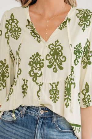 Women’s Light Beige Shirt with Green Print and Tie Detail