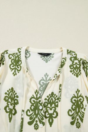 Women’s Light Beige Shirt with Green Print and Tie Detail