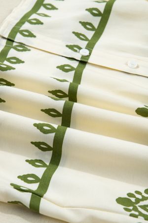 Women’s Light Beige Shirt with Green Print and Tie Detail