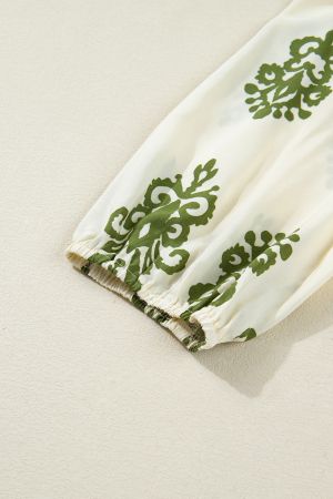 Women’s Light Beige Shirt with Green Print and Tie Detail