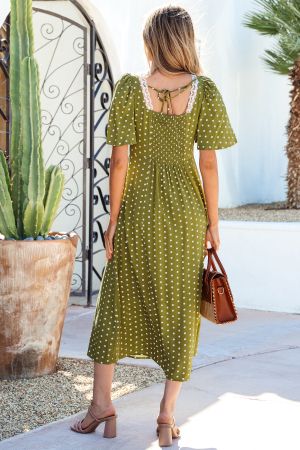Women’s Olive Green Polka Dot Dress with Lace Detail