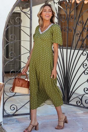 Women’s Olive Green Polka Dot Dress with Lace Detail