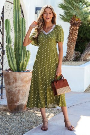 Women’s Olive Green Polka Dot Dress with Lace Detail