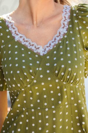 Women’s Olive Green Polka Dot Dress with Lace Detail