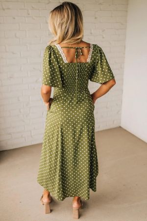 Women’s Olive Green Polka Dot Dress with Lace Detail