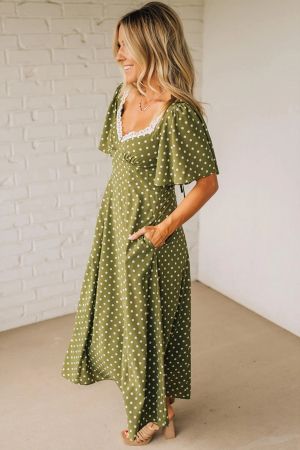 Women’s Olive Green Polka Dot Dress with Lace Detail