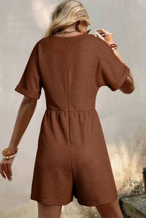 Women’s Brown Romper with V-Neck and Pockets