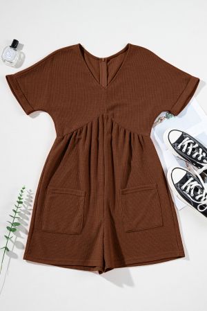 Women’s Brown Romper with V-Neck and Pockets