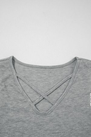 Women’s Grey Blouse with Crossed Neckline and White Lace Sleeves