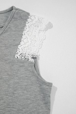 Women’s Grey Blouse with Crossed Neckline and White Lace Sleeves
