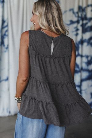 Women's Relaxed Grey Sleeveless Top with Ruffles