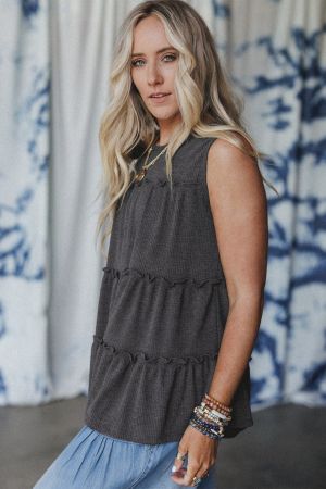Women's Relaxed Grey Sleeveless Top with Ruffles